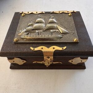 Vintage Wood Trinket Treasure Box Nautical Brass Sailboat Top Felt Lined 6.5"x5"